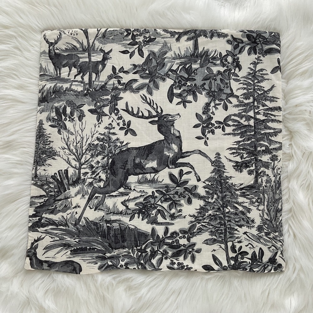 Pottery Barn Black Gray Alpine Toile Reversible Stag Deer Plaid Pillow Cover